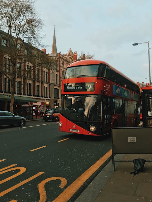 A red double-decker bus on a city street in Hammersmith, with the destination display showing 'Hammersmith' and route number 9. The bus is positioned in the middle of the road, with the front facing slightly to the right. To the left, there are parked cars and a row of multi-storey buildings with brick and stone facades, some with large windows and commercial storefronts at ground level. In the background, a church spire is visible rising above the buildings, and leafless trees line the street. On the right side of the image, part of another red bus can be seen, and there is a black streetlamp overhead. The sidewalk features a bench, and a small black bag rests on the ground near the bench. The scene is illuminated by natural daylight with a slightly overcast sky, creating a neutral, professional atmosphere typical of urban street scenes related to public transport and local area environments. The image occasionally reflects the context of practical city transport alongside the potential for private or alternative waste handling, such as rubbish removal services, evident in the environment's maintained appearance.