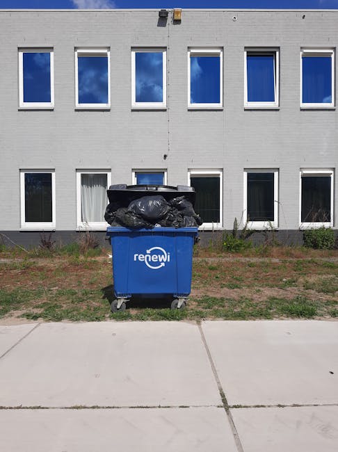 A large blue recycling bin positioned on a paved sidewalk in front of a multi-story white brick building with six evenly spaced rectangular windows that have clear glass panes reflecting the blue sky and clouds. The bin is filled beyond capacity, with several black rubbish bags stacked on top and spilling over the edges, indicating an overflowing waste collection. The bin bears the logo 'renewi' in white text. Surrounding the bin is a patch of grass and small plants directly behind it, with a neat concrete pathway at the front. The environmental context suggests an urban or suburban area where private waste disposal services, such as those provided by Rubbish Removal Hammersmith, are used to manage rubbish collection separate from municipal services. The overall scene emphasizes on-site waste storage and indicative of alternative waste handling methods often used by commercial or residential clients in Hammersmith seeking independent rubbish removal solutions.